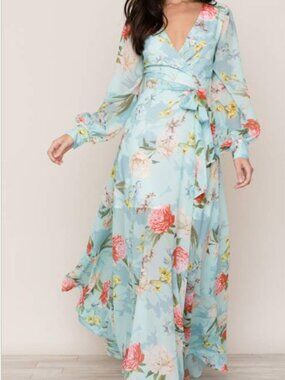 Yumi Kim Aqua Floral Wrap Maxi Dress Boho Wedding Guest Vacation Resort Dress M